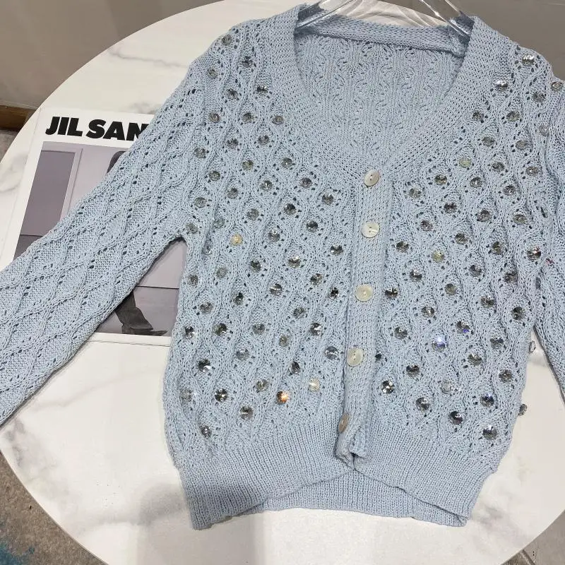 

Women Knitted Sweater 2021 Spring New Knitwear Large Particle Rhinestone Shiny Diamond Lattice V-neck Female Knit Cardigan Coat