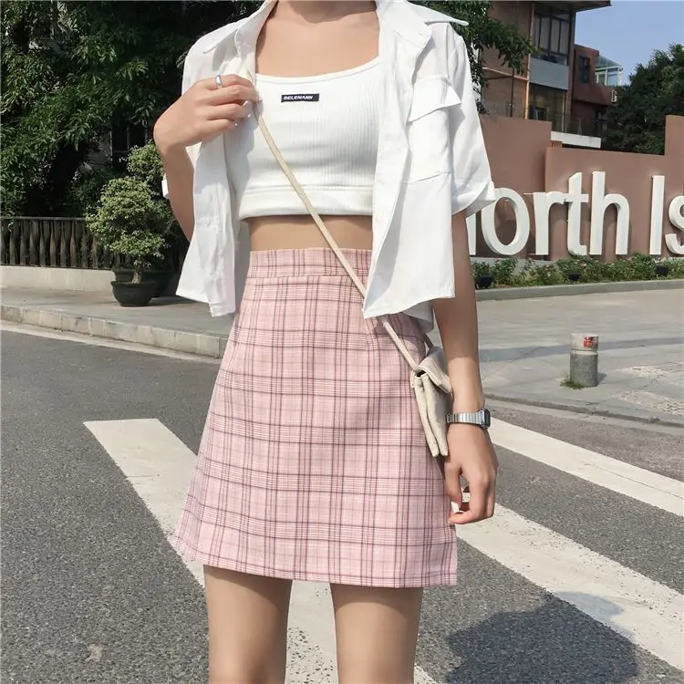 

2019 Women Summer Vintage High Waist A-Line Wild Plaid Print Skirt Casual Ladies Mini Skirts