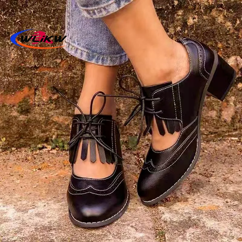 

British Women Oxfords High Chunky Block Heels Pumps Brown PU Round Toe Designer Brogues Casual Office Lady Lace-up Vintage Shoes