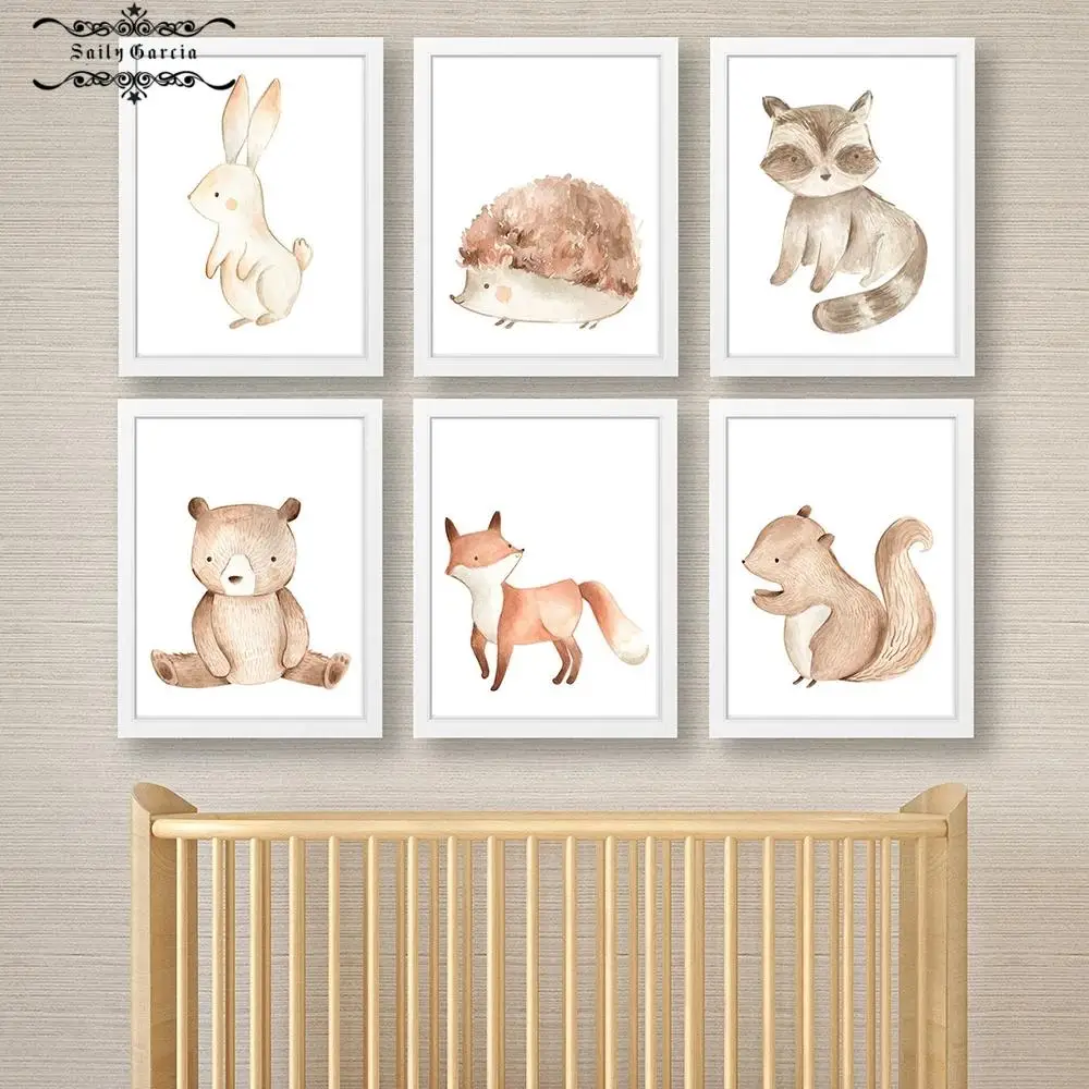 

Baby Nursery Wall Art Canvas Poster Print Woodland Animal Rabbit Fox Kids Cartoon Pictures Interior Paintings Child Room Decor