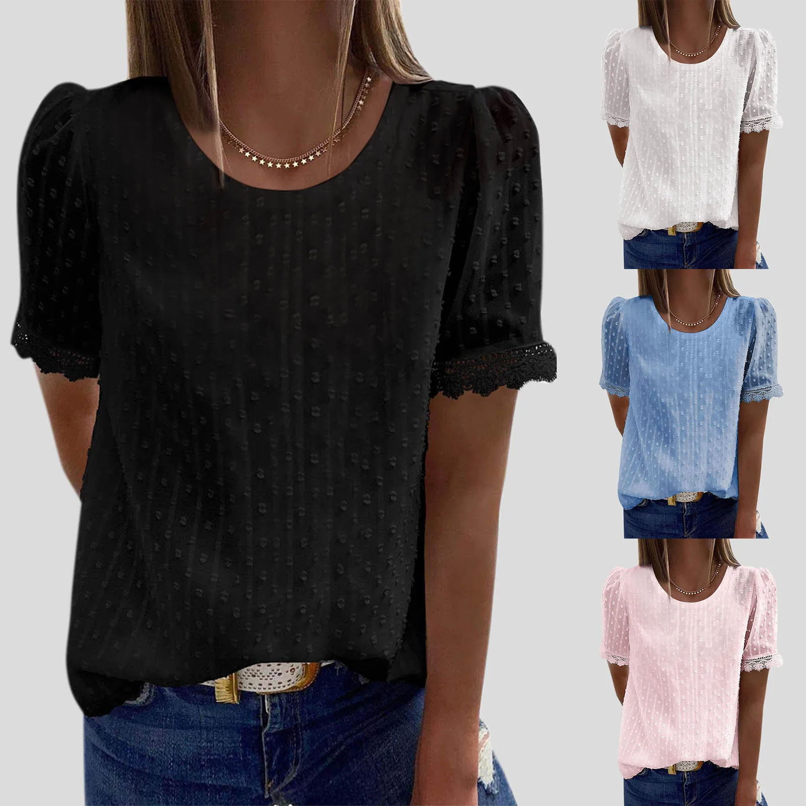 

Sexy Lace Shirts Blouses Women's Fashion Round Neck Short Sleeve Daily Office Top Tee Vintage Elegant Female Casual Tunic Tops