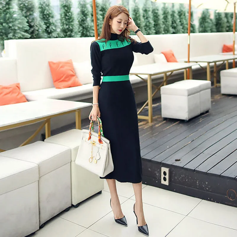 

Early Autumn Knitted Fitted Waist Women's Dress Mid-Length Sweater Skirt Autumn Winter Tight Waist Korean Style Color Rac