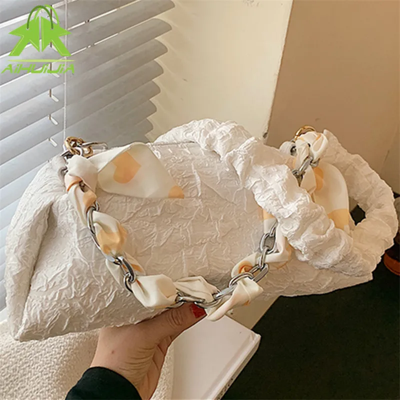 

Сумки с лентами и цепочками 2021, женские модные одноцветные сумки на плечо с кружевом, повседневные роскошные высококачественные женские су...