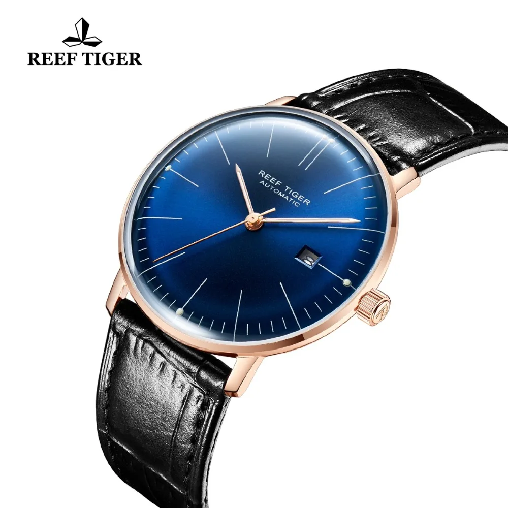 

2021 Reef Tiger/RT Men Luxury Brand Automatic Watch Leather Strap Blue Dial Rose Gold Casual Watches RGA8215