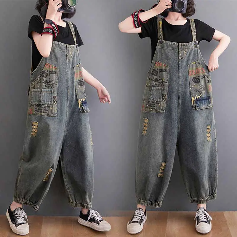 

Jumpsuits Women Jeans Loose Casual Big Pockets Frayed Denim Overalls Female Korean Retro Print Wide Leg Cropped Trousers M129