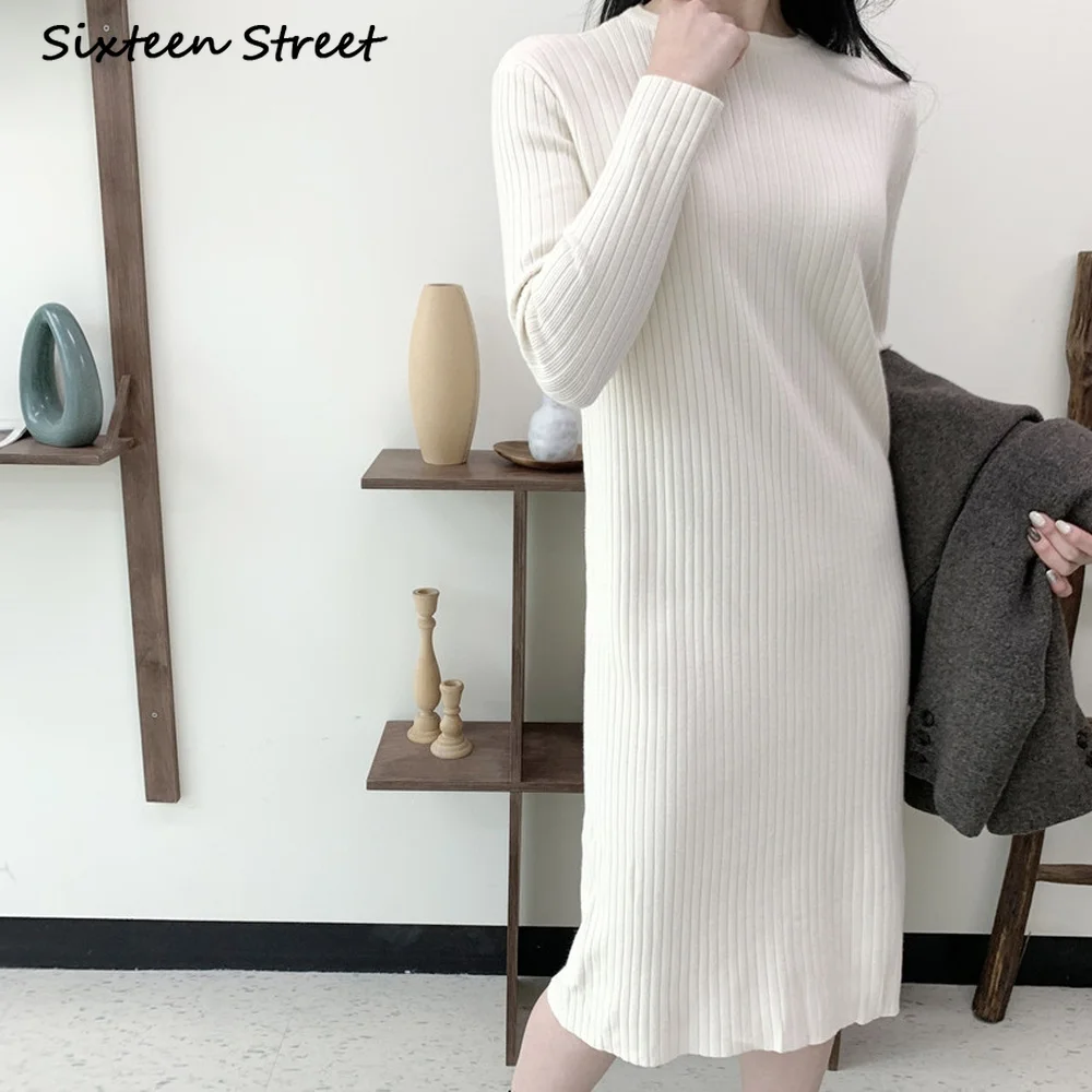 

Korean Fashion Clothing Autumn Winter Slim Sweater Maxi Dresses for Women Long Sleeve Knitted Vestido De Mujer Elegant Vintage