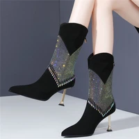 rhinestones wedding shoes women genuine leather high heel party platform pumps shoes female high top pointed toe modern boots