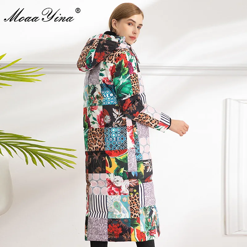 

MoaaYina Fashion Women's Winter Runway Down Jacket Long sleeve Plaid Vintage Printed White Duck Down Long Down Jacket Outwear
