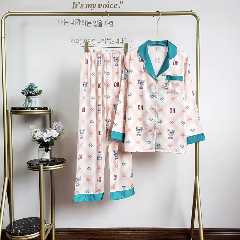 

Silky Sleepwear Satin 2PCS Pajamas Set Casual Shirt&Pants Lady Nightgown Home Clothes Soft Sleep Suit Intimate Lingerie