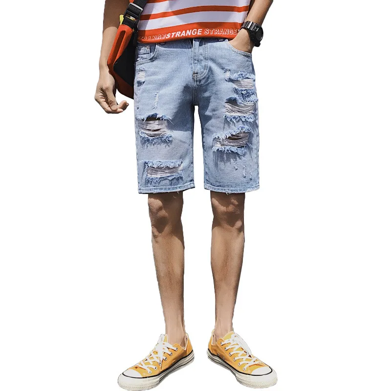 

Summer personality beautiful denim shorts Korean fit Slim big hole fashion trend five-point denim shorts