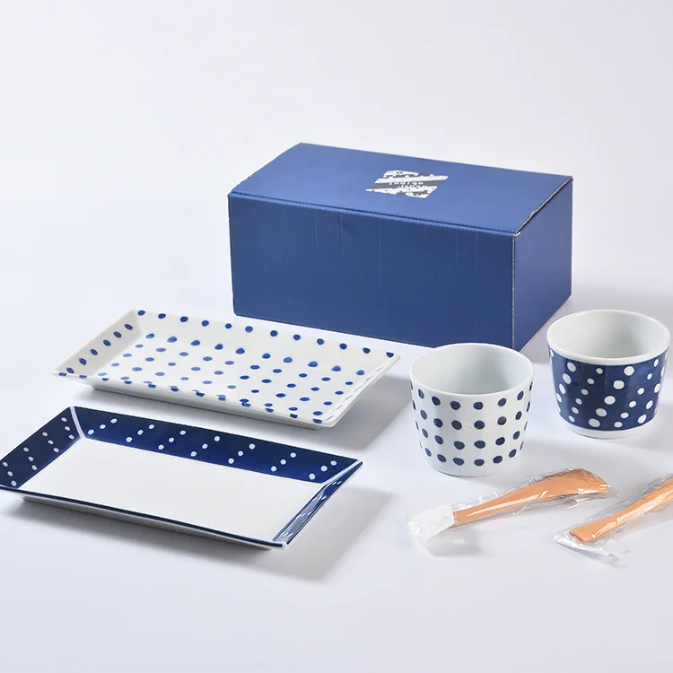 Indigo Lightweight Porcelain Plate Coffee Pot Meal Cup Spoon Six Enter Gift Box Set Japanese Imported Exhibition Wedding Gifts | Дом и сад