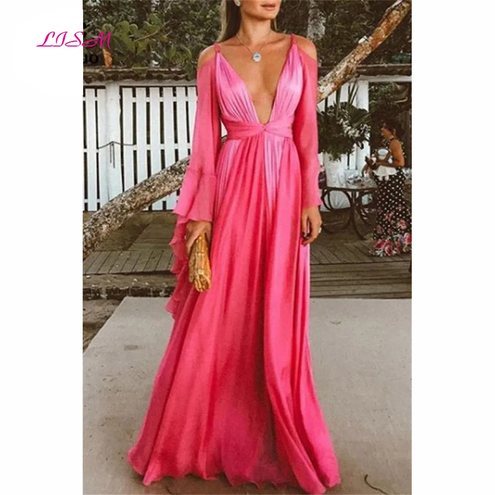 Купи Rose Pink Chiffon Prom Dresses Sexy Deep V-Neck Long Sleeves Evening Dress Long Side Split Formal Party Dress for Women за 4,284 рублей в магазине AliExpress