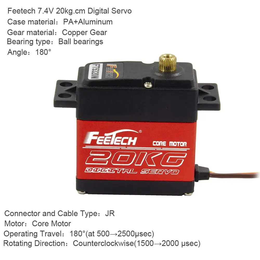 2Pcs Feetech Large Torque 7.4V 20kg.cm RC Servo, 180 Degree Digital Servo with 25T Servo Horn Arm for Smart Car Robot Robotic