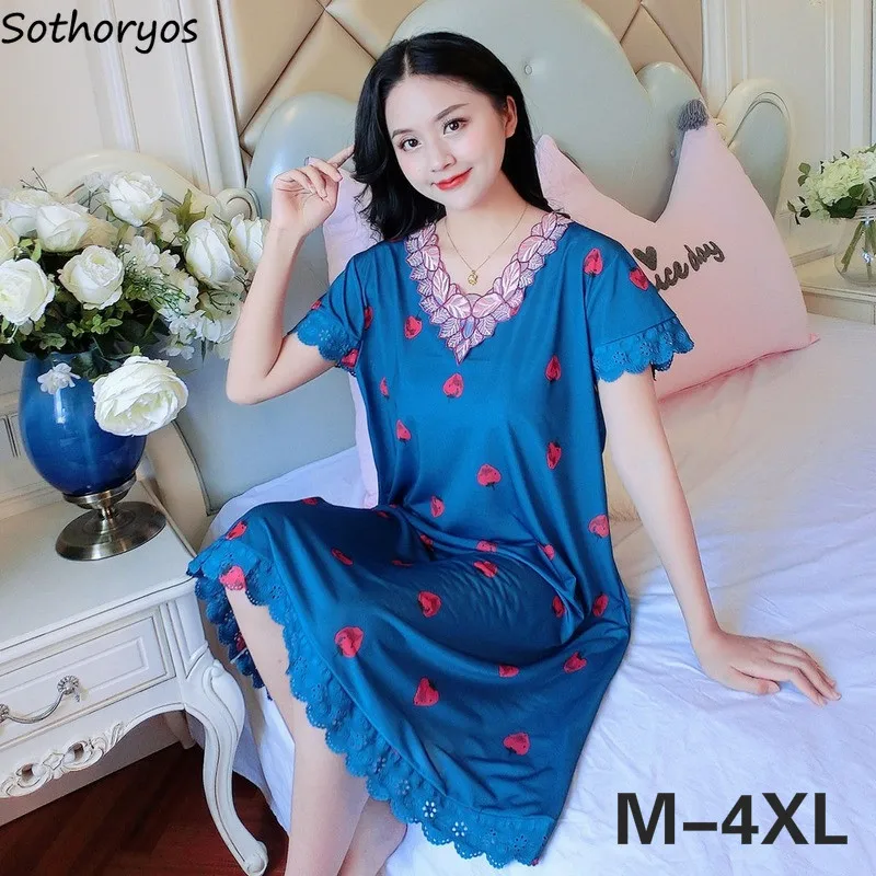

Women Nightgowns Summer Plus Size 4XL Print Lace Sweet Short Sleeve Sleepshirts Female Breathable All-match Loose Korean Style