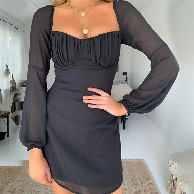 Women Sexy Clubwear See-through Halter Mesh Dress Long Sleeve Casual Summer Backless 2019 New Arrivals | Женская одежда