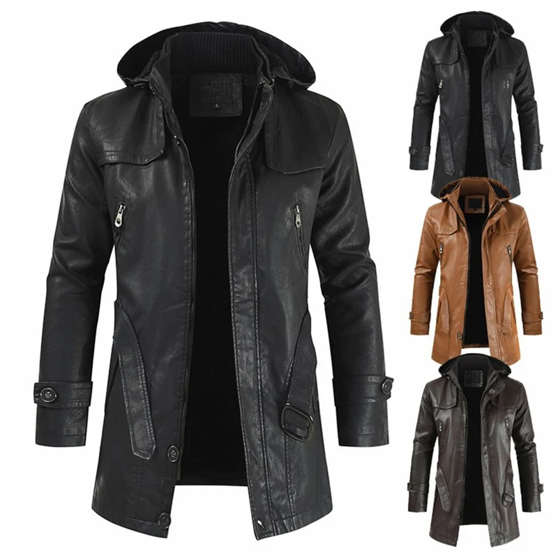 

Мужская модная кожаная куртка WEPBEL с капюшоном, мотоциклетные пальто, уличные мужские топы, Повседневная облегающая куртка-Тренч для осени и...
