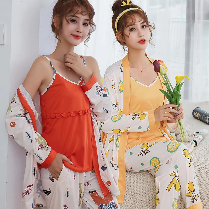 

2020 New Autumn 3PCS Sexy Long Sleeve Robes Pajama Sets for Women Print Sleepwear Suit Pyjama Homewear Pijama Mujer Home Clothes