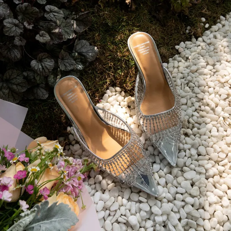 

Luxury Sparking Rhinestone Crystal Tassel Fringe Clear Shoes Kitten Heels Mules Women Glitter Bling Bling Party Wedding Shoes 40