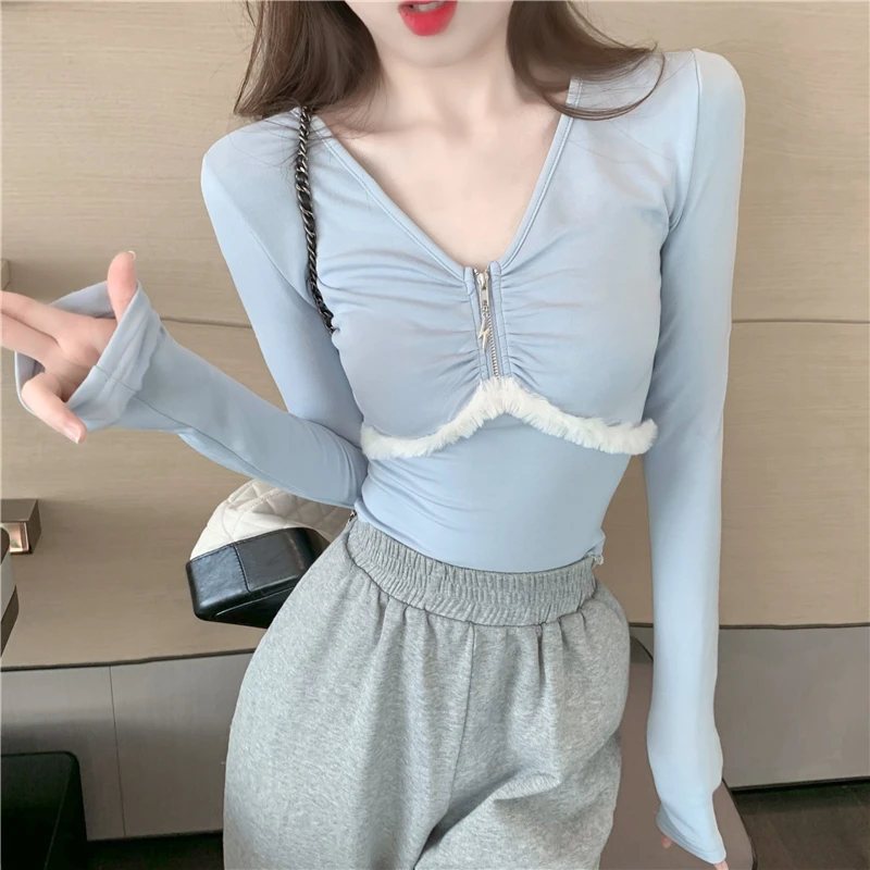 

Новые осенние женские пикантные Топы с длинным рукавом, Весенняя облегающая футболка с V-образным вырезом и мехом, короткий стиль YOU939