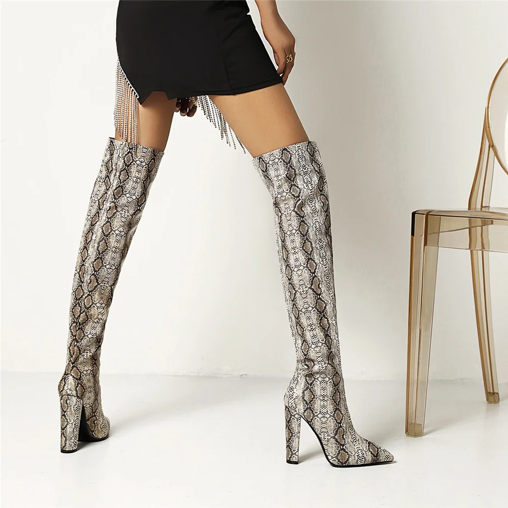 

RIBETRINI Brand Sexy Party Wedding Clubwear Animal Snake Print High Heels Thigh High Boots For Women Short Plush Winter Shoes