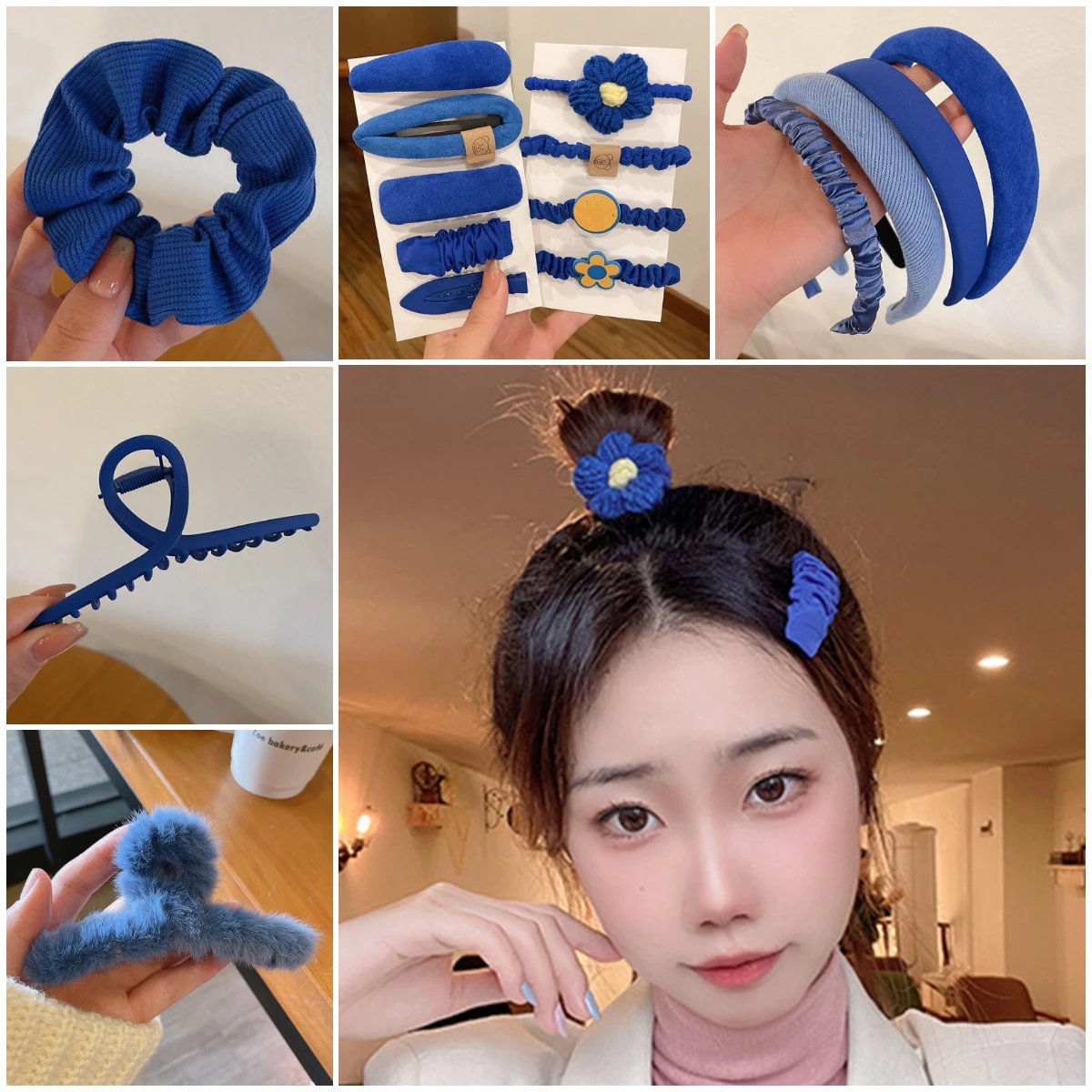 

Blue Color Style Hair Accessories Set Women Elastic Hair Band Hair Claw Clip Headbands Hairpins Girls Fashion Headwear Jewelry