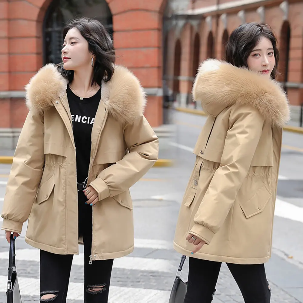 GRELLER 2021 New Winter Jacket Women's Parkas Hooded Coat Casual Long Fur Lining Cotton Padded Warm Female Jacket Coat Outwear
