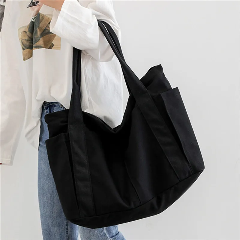 

Новая Холщовая Сумка с несколькими карманами, женская школьная сумка-тоут, повседневная сумка с ручками для подростков, вместительная сумк...