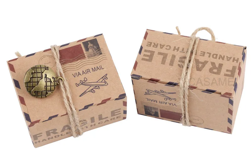 50Pcs paper Vintage Favors Candy Box Kraft Paper Travel Theme Airplane Air Mail Boxes Compass earth Wedding Party Souvenirs | Дом и сад