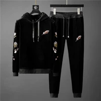 black autumn and winter mens suit embroidered thick mens hoodie fashionable casual lace up mens sportswear 2 piece set