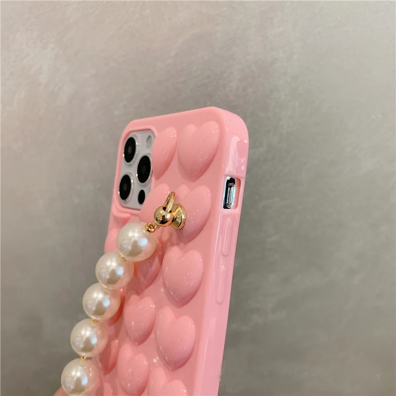 

Pink Pearl Bracelet Wrist Chain Phone Case for iPhone 11 12 Pro Max X XS XR 7 8 Plus Kawaii Soft Back Cover Funda Coque