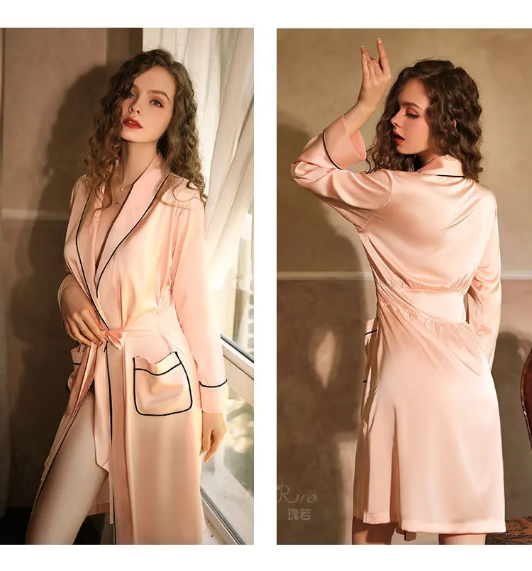 

Autumn/winter Sexy Deep V Silk Mid-length Bathrobe Belt Set Lace Robe Women Sexy Lace Kimono Bathrobe Sheer Lingerie Robe