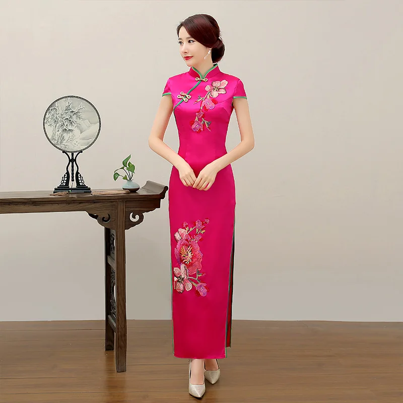 Light Blue Womens Short Sleeve Dress Long Cheongsam Oriental Wedding Party Qipao Chinese Style Elegant Gown Clothes Vestido |