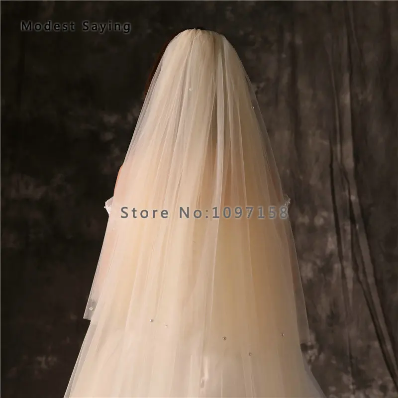 Элегантные цвета шампанского 3 метра 2 слоя бисером Соборные Свадебные вуали 2019 с