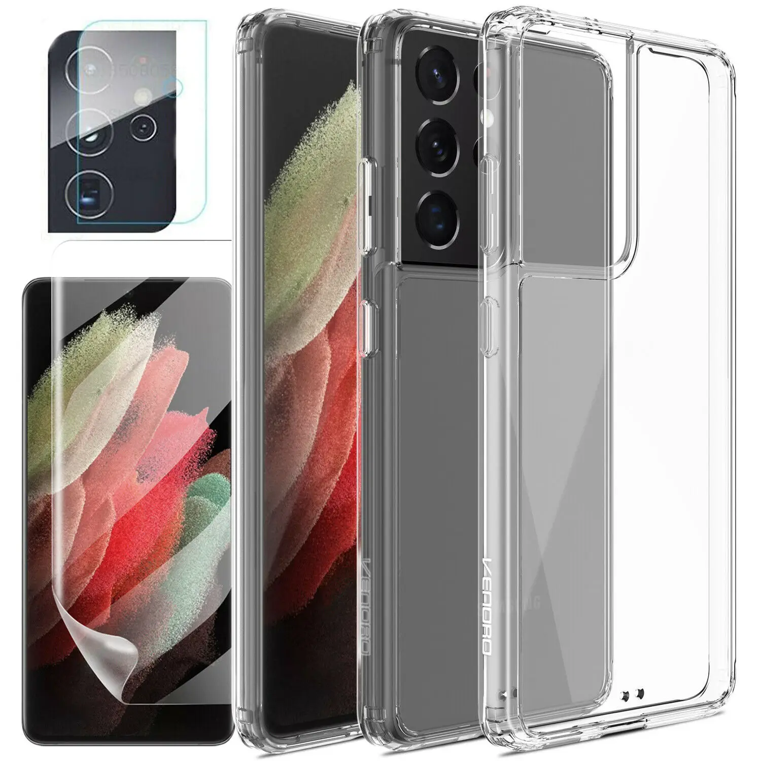 

3in1 for Samsung Galaxy S21 S20 Note20 Plus Ultra Soft TPU Case & Hydraulic Film Screen Protectors & Camera Lens Glass Protector