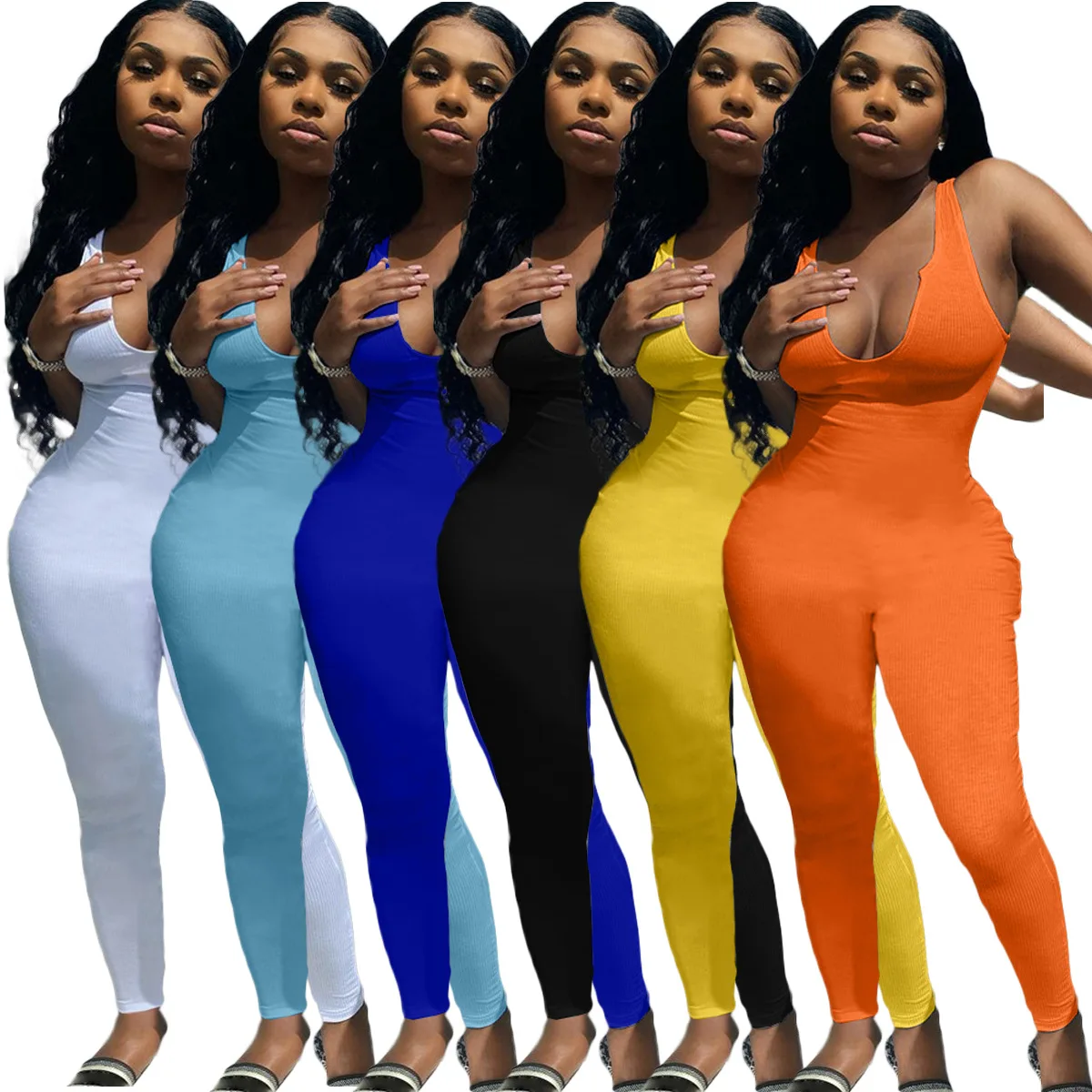 

Casual Streetwear Ribbed Jumpsuit Women Solid Color U Neck Sleeveless Bodycon Female Playsuit One Piece Overalls Summer Outfits