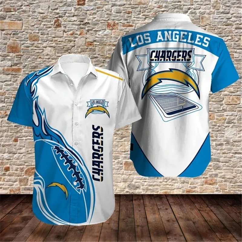 

Los Angeles Men's Casual American Football Chargers Shirts White Blue Stitching Blue Flame Orange Lightning Print 3D Clothing