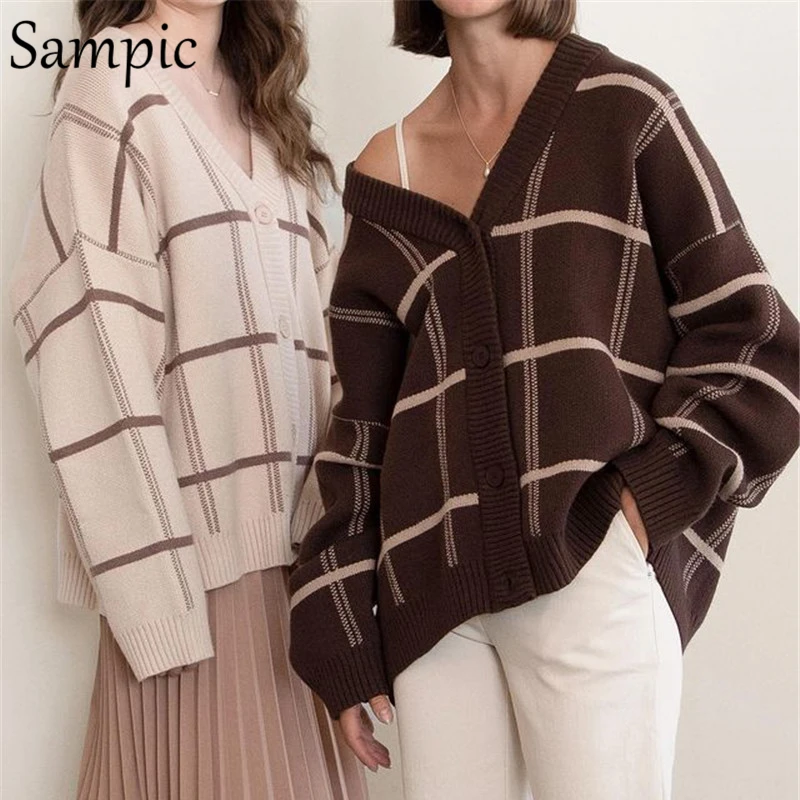 

Sampic 2021 Plaid Brown Cardigans Women Vintage Y2K Fashion Loose Oversized Coat Pull Knitted Casual Sweater Female Tops Winter