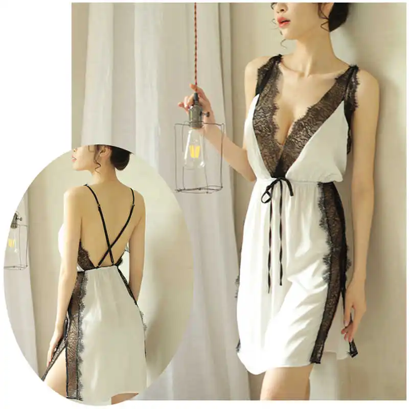 

Sexy Exotic Female Erotic Lingerie Hollow Perspective Temptation Ladies Deep Pajamas V Eyelashes Lace Halter Nightdress Girdle