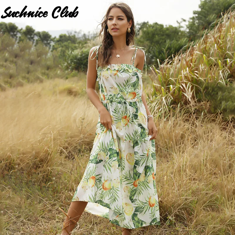 

Women's Sling Tube Party Dress Fashion Tie Fruit Print Bohemian Tops Spring 2021 Sleeveless Backless Loose Dresses for Women
