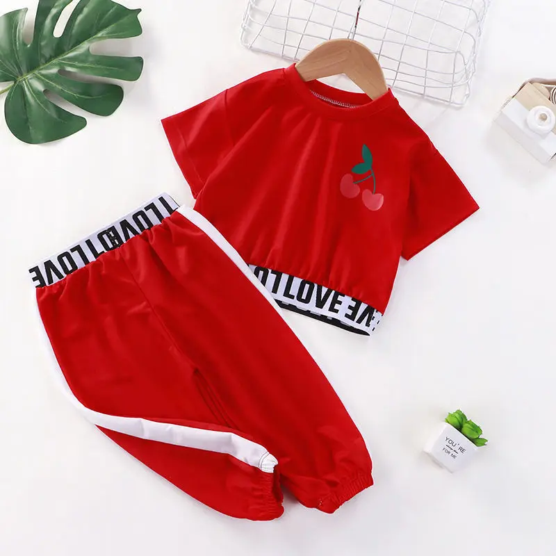 New Kids Girls Clothes Set Summer Girl Letter Crop Tops T-shirt+Pants 2pcs Cute Cherry Outfits Baby Clothing 1 2 3 4 6 5 7year