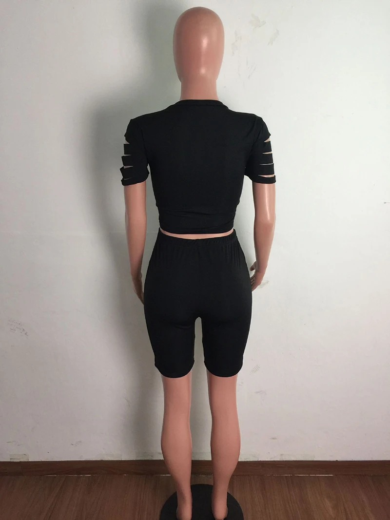 

Beyprern Sporty Slit Shorts Set Two-Piece Outfits New Sexy Ladder Cut Out Solid Biker Shorts Set Two-Piece Outfits Club Overalls