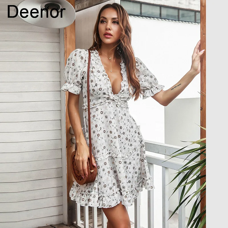

Deenor Mini Dresses Sexy V Neck Floral Dress for Women Casual Short Sleeve 2021 Summer Holiday Style Dress