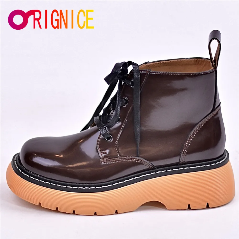 

Orignice Hot Sale Women Thick Bottom Riding Ankle Boots Autumn Rubber Patent Leather Lace Up Round Toe Fashion Lady Casual Shoes