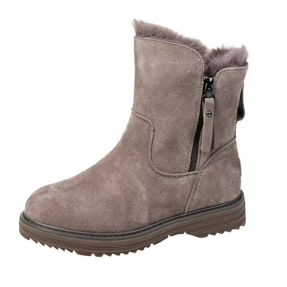 

Cotton Shoes Winter Round Head Fashion Side Zipper Mid-tube Plus Velvet Female Martin Boots Casual Flat Snow Boots Cotton Shoes