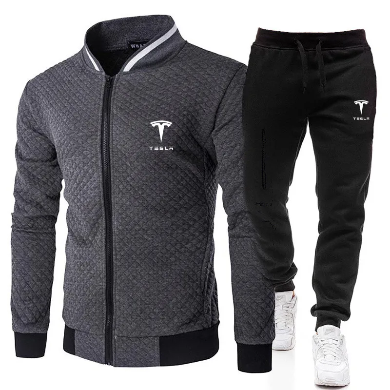 

2021 fashion sports Tesla logo brand printing zipper shirt + trousers suit men's clothing slim sportswear 2-piece set