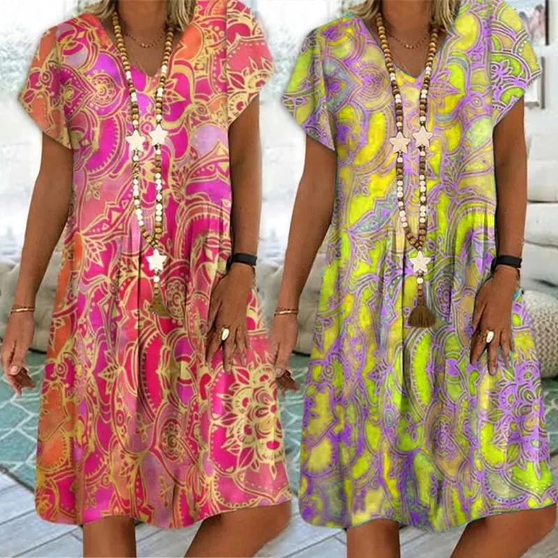 

5 Colors Women Summer Dresses Short Sleeves Printed Sexy V-Neck Casual Fashion Vintage Boho Beach Mini Dress Sundress Robe
