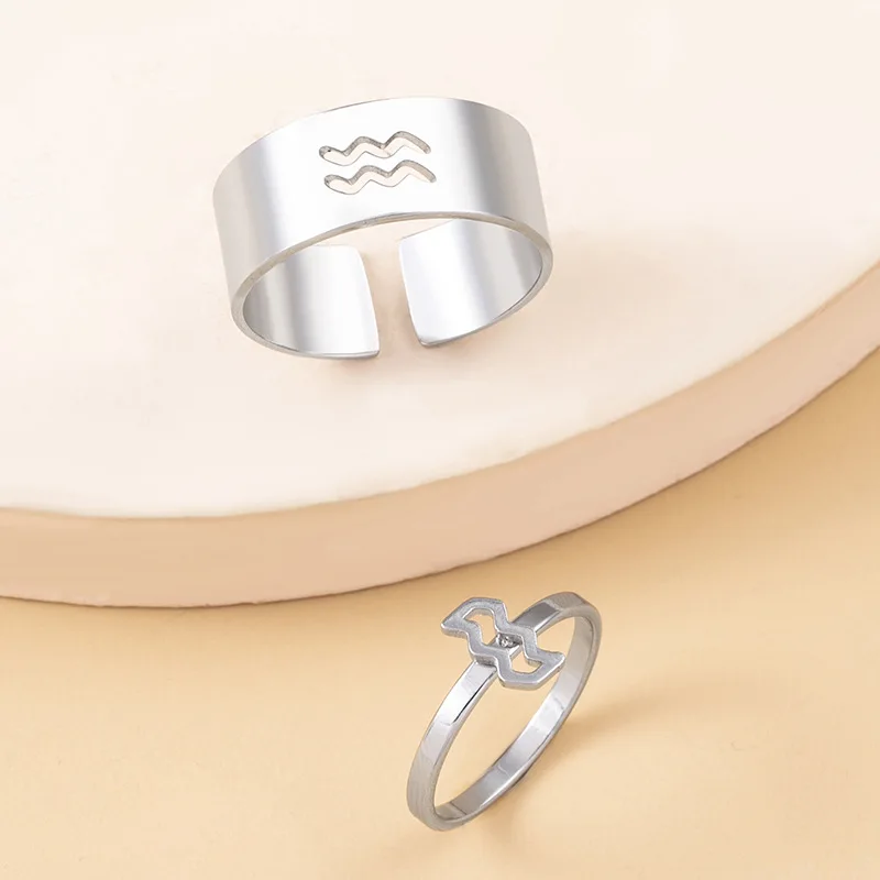 

New Charm Ring Set For Lover Friendship Hollow Stainless Steel Twelve Constellations Zodiac Sign Opening Ring Fashion Jewelry