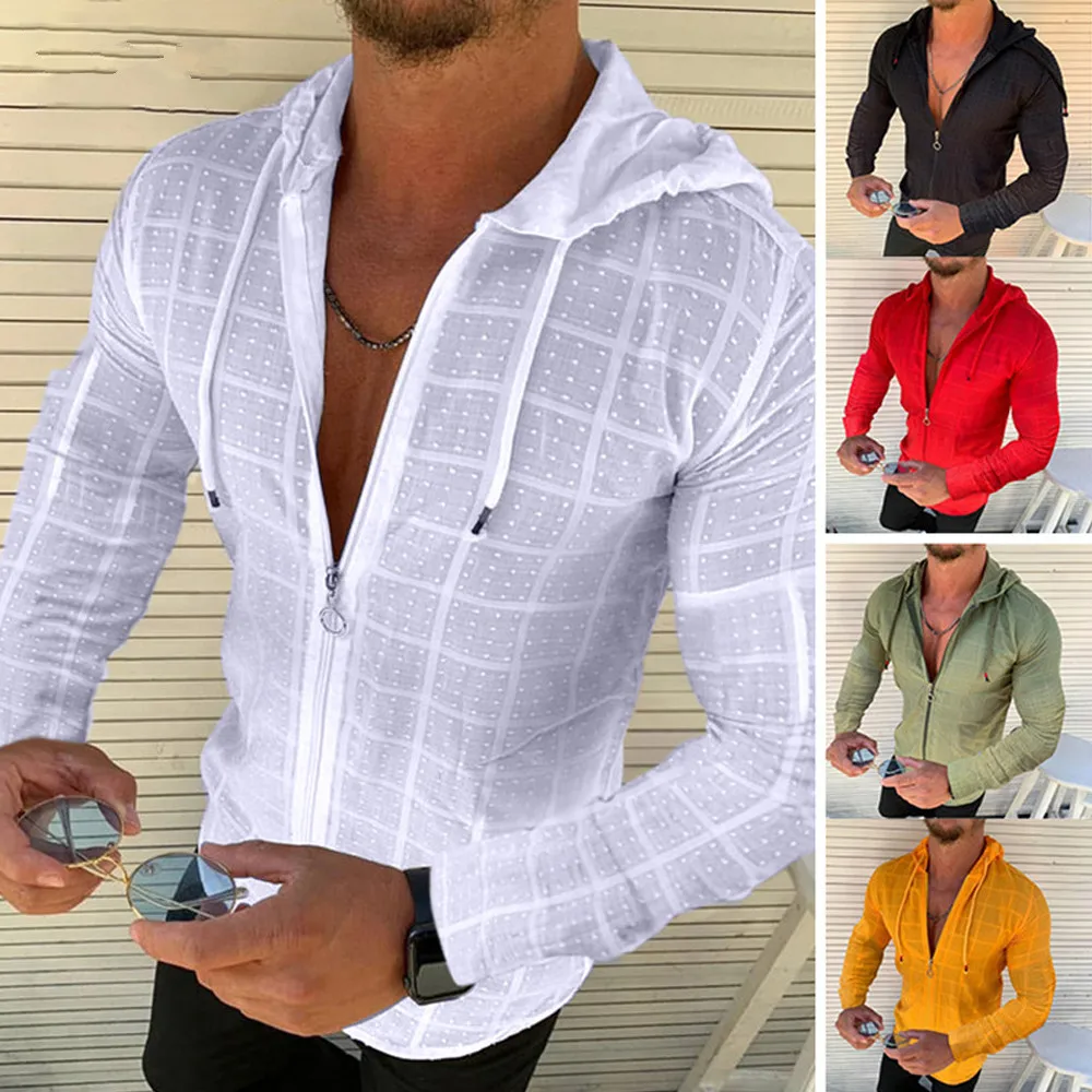 

Men Hooded Grid Shirt Men's Cardigan Thin Zipper Casual Shirt Long Sleeve Formal Dress Shirts Men Hawaii Vacation Jogging Shirt