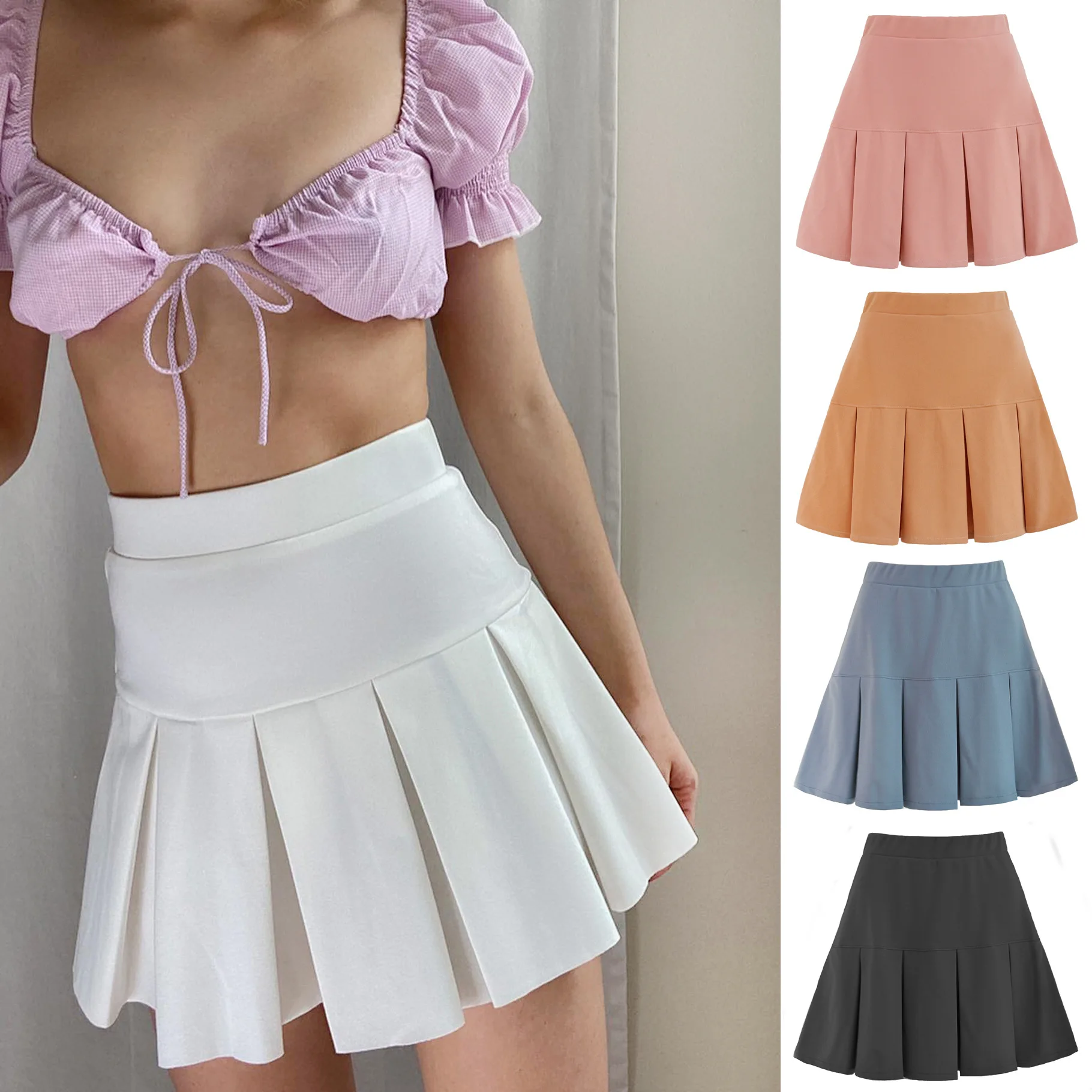 

Fannic Autumn and Winter Skirt 2020 Casual Elastic High Waist Solid Pleated White pink Mini Skirt