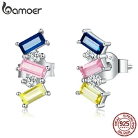 bamoer 925 sterling silver simple big square zircon stone colorful stud earring for women spanish jewelry fine jewelry sce1208